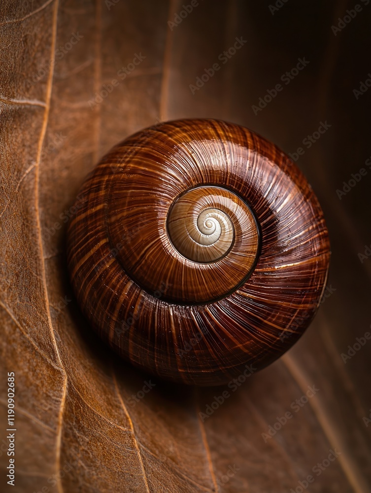 A close-up of a beautiful snail shell resting on a leaf, showcasing intricate patterns and rich colors. A close-up of a beautiful snail shell resting on a leaf, showcasing intricate patterns and rich colors.