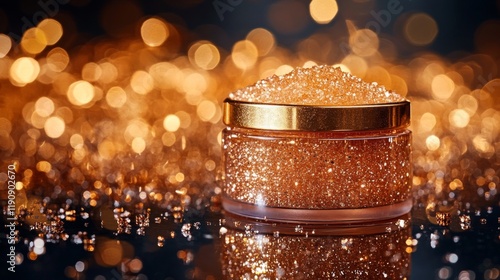 Sparkling golden glitter in a jar with shimmering background for arts and crafts