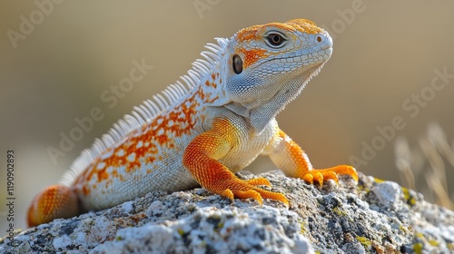 Vibrant lizard relaxing on a rock in a lush green environment