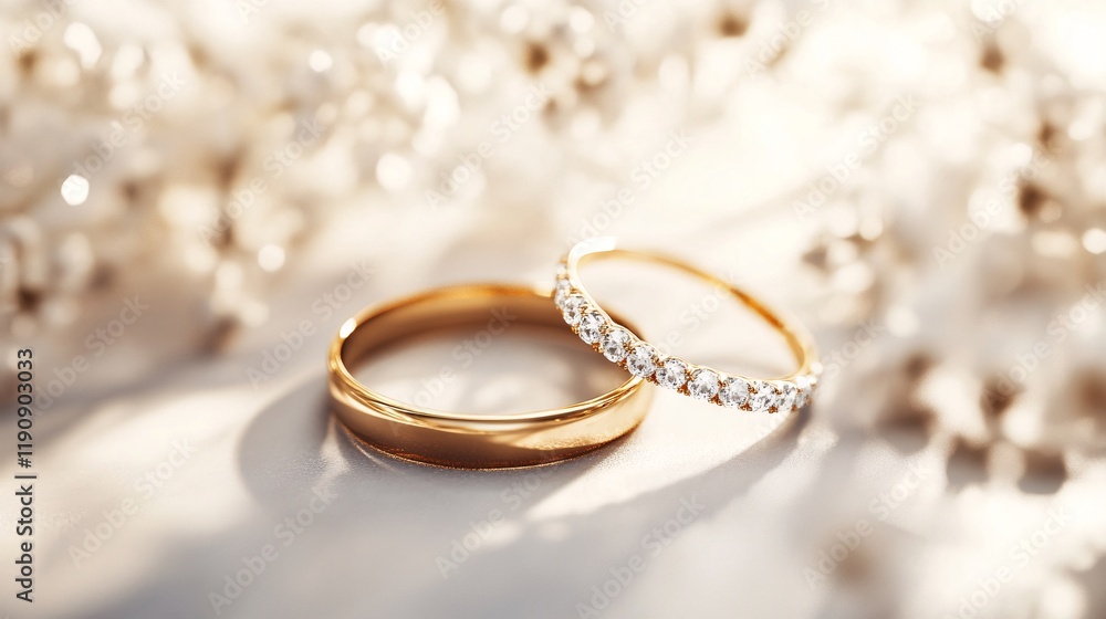 Golden wedding rings resting on soft white cloth with delicate floral background Golden wedding rings resting on soft white cloth with delicate floral background