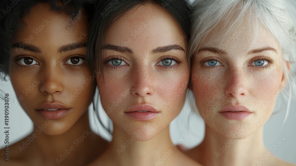 Three diverse young women with natural expressions and different hair colors Three diverse young women with natural expressions and different hair colors