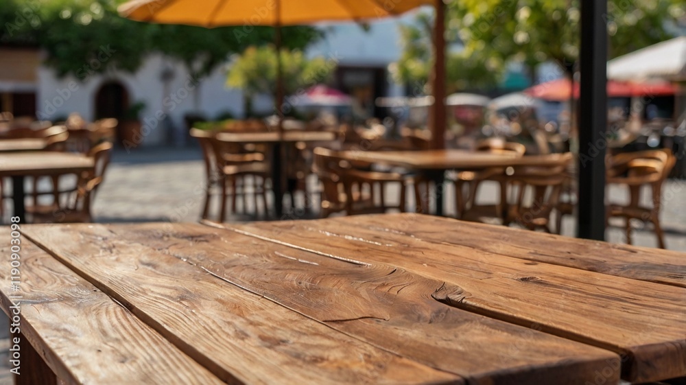 Obraz premium Empty wood table top on outdoor aesthetic cafe with a blurred background. The focus is on the table surface.