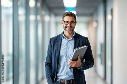 Businessman wearing glasses and holding a folder in a bright, modern office hallway. Expresses confidence, success, and professionalism in a professional work environment. photo