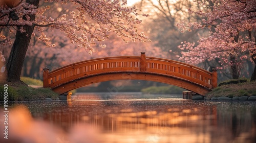 Tranquil wooden bridge over a serene pond surrounded by cherry blossoms on a ...