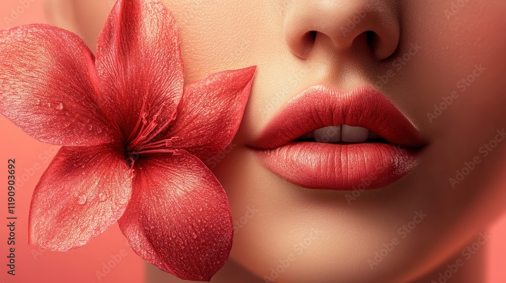Close-up of young female lips with red flower on delicate skin Close-up of young female lips with red flower on delicate skin
