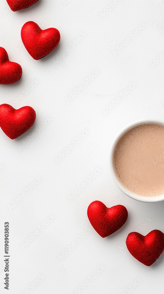 Fototapeta premium A cozy scene featuring a cup of beverage surrounded by heart-shaped decorations, perfect for romance and comfort.
