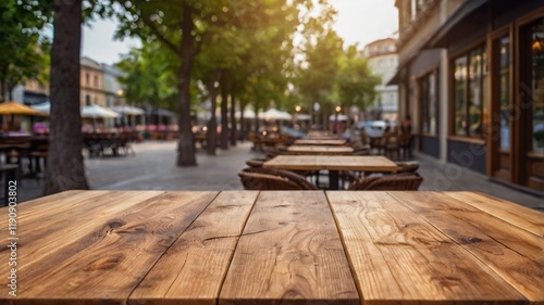  Empty wood table top on outdoor aesthetic cafe with a blurred background. The focus is on the table surface.