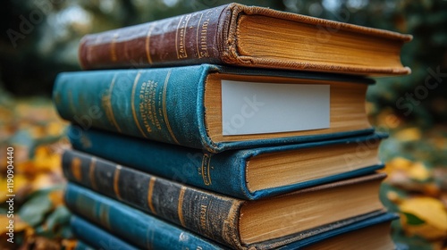 Old books stacked on each other surrounded by autumn leaves in a serene outdo...