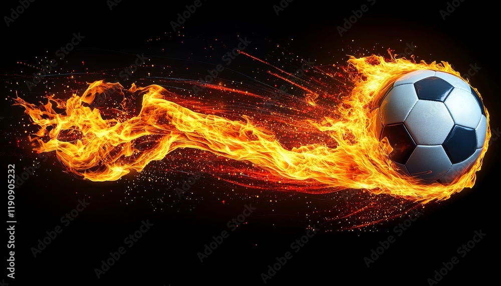 Fototapeta premium Fiery Soccer Ball Dynamic Motion and Energy with Swirling Flames on Black Background