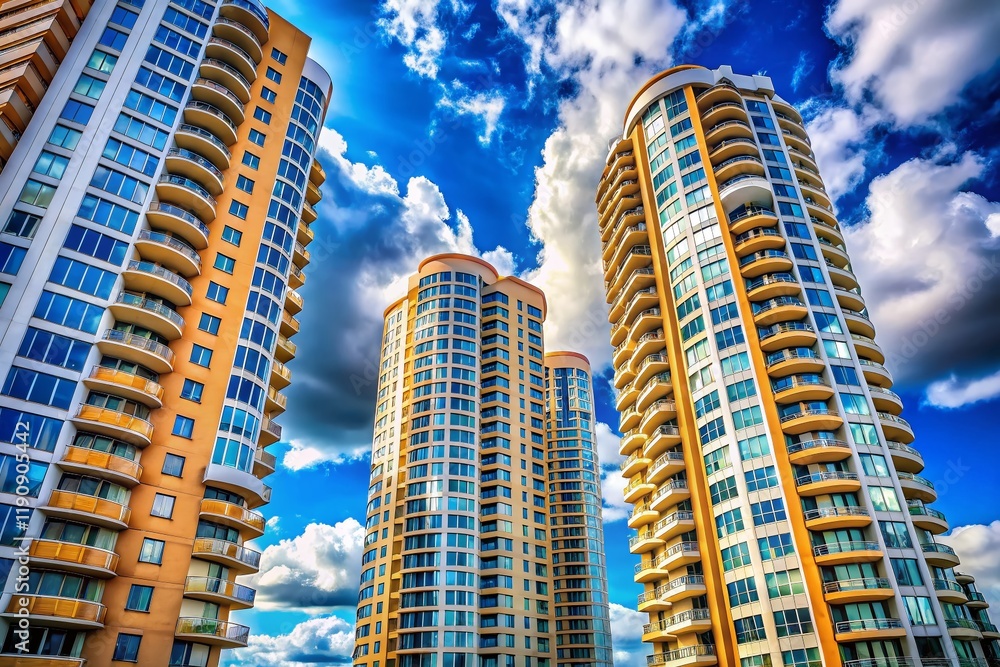 Obraz premium Modern Cylindrical Apartments, Blue Sky, Clouds - Cityscape Stock Photo