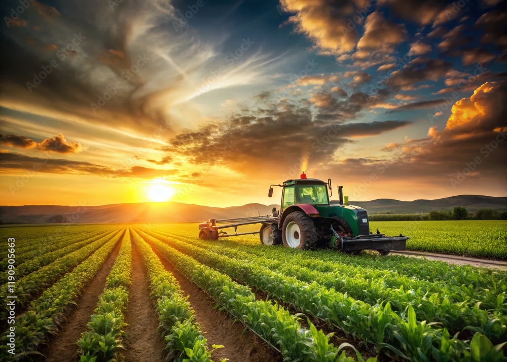 Fototapeta premium Modern Farmer Spraying Cornfield at Sunset - Agricultural Technology Stock Photo