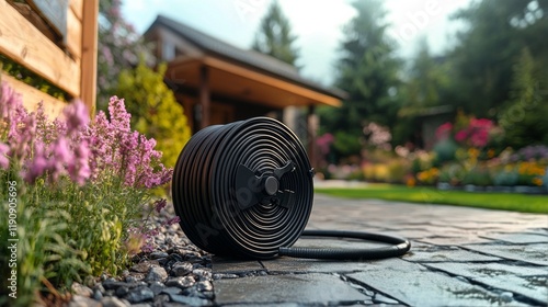 Garden hose reel in a beautifully landscaped backyard during a sunny afternoon