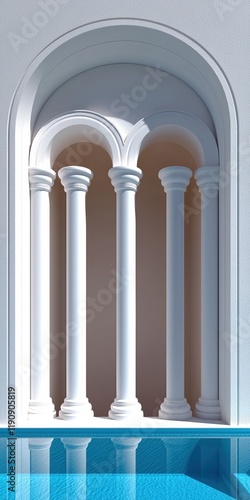 A serene architectural composition showcasing four elegant white columns reflecting in tranquil water.
