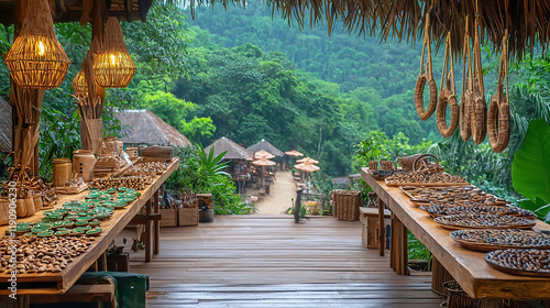 Sustainable travel embraces local experiences. It focuses on low impact and explores remote locations. Rustic Market Scene with Handcrafted Goods in Lush Nature