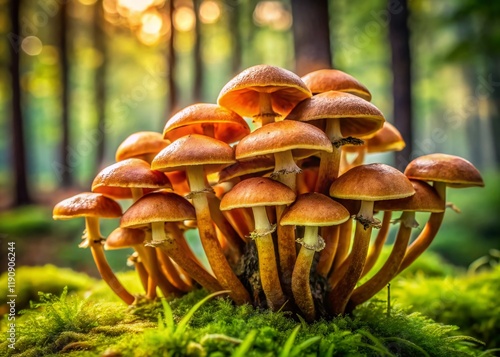 Hypholoma Fasciculare Mushroom in Green Forest Grass - Stock Photo photo