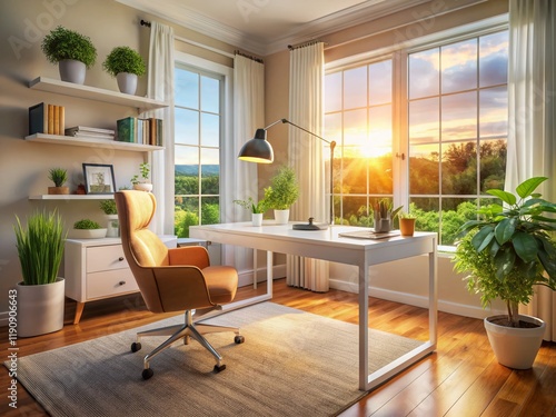 Modern Home Office  White Desk  Cozy Chair  Natural Light  Panoramic