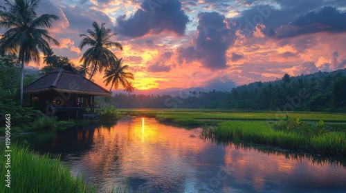 Stunning sunset over lush resort with traditional architecture in a tropical ...