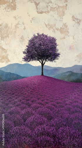 Vibrant lavender field under a colorful sunset with a lone tree on a hill