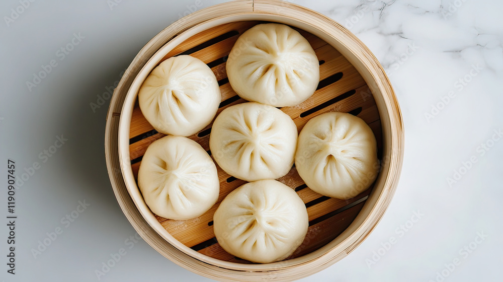 Delicious freshly steamed bao buns served in a bamboo steamer showcasing a culinary delight from Asian cuisine Delicious freshly steamed bao buns served in a bamboo steamer showcasing a culinary delight from Asian cuisine