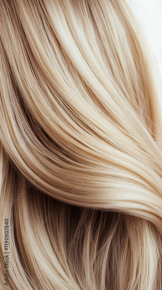 Fototapeta premium Soft, cascading blonde hair flowing gracefully against a light background, showcasing natural shine and texture in a close-up view 
