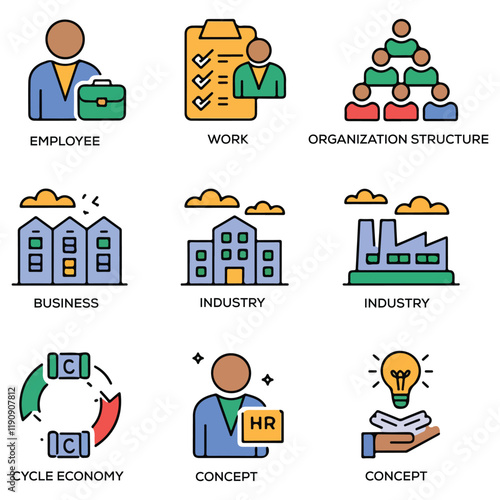 Human resources icon collection set. Containing employee, work, organization structure, business, industry, cycle economy, hr, concept icon. Simple flat vector