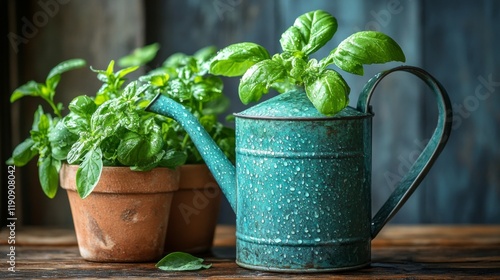 Watering plants in a lush garden on a rainy day with a blue watering can
