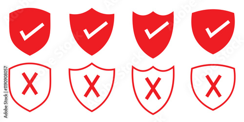 Vector shield icon. Security vector icon. Protection icon. Shield vector icon. Protection is disabled. Verification completed. Checkmark OK and X icons. Symbols YES and NO. 