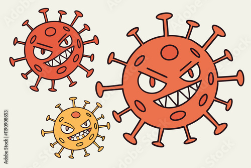 Cartoon virus icons, spiky spheres with angry eyes, red and orange color palette, minimalist design, flat graphic style, menacing expressions, simple shapes, healthcare illustration, microbiology symb
