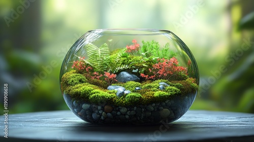 Miniature garden in a glass bowl showcasing ferns and moss set in a serene fo...
