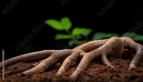 Close-up view of tree roots emerging from rich soil, showcasing the intricate details and textures of nature. photo