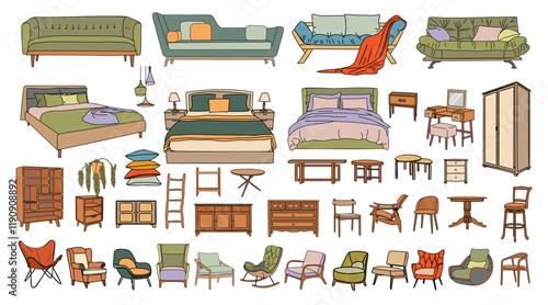 Modern interior decor set. Retro furniture, potted house plants, beds, cabinet, chest of drawers, sofas and armchairs. Colored outline vector illustration isolated on transparent background.