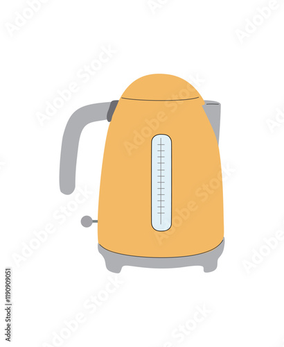 Modern electric tea kettle with hot boiling water inside isolated on transparent background. Retro mid century style colored teapot. Kitchen appliance. Flat vector illustration.