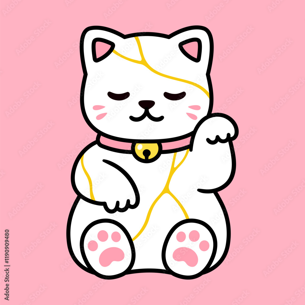 Cute cartoon Kintsugi Maneki Neko, Japanese lucky cat that was broken and mended with gold. Wabi-sabi beauty concept. Isolated vector illustration. Cute cartoon Kintsugi Maneki Neko, Japanese lucky cat that was broken and mended with gold. Wabi-sabi beauty concept. Isolated vector illustration.