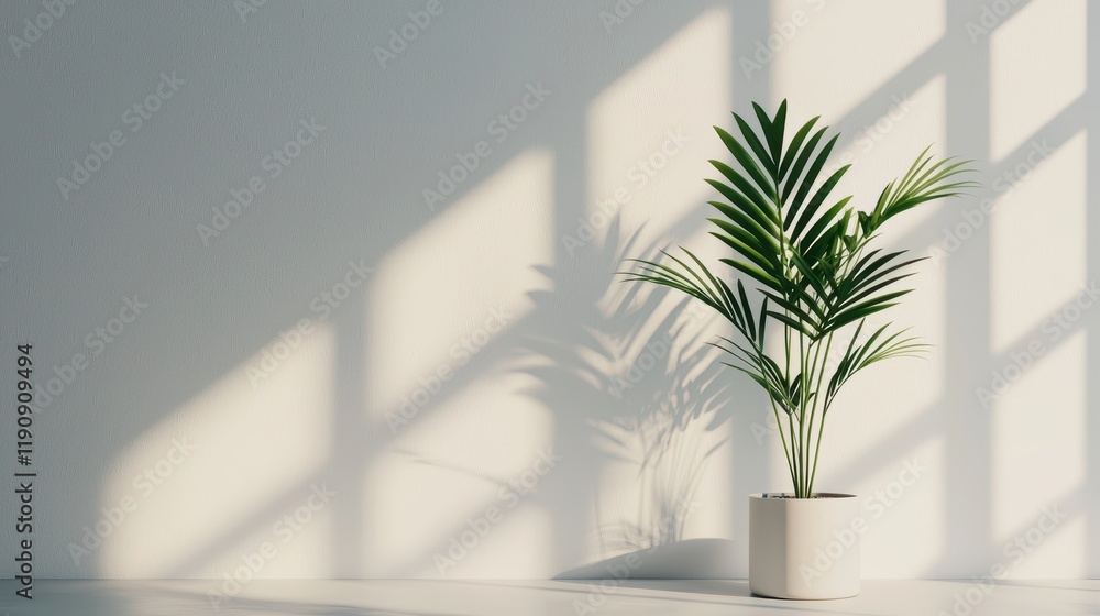 A serene indoor scene featuring a lush green plant in a white pot, casting soft shadows on a light wall. A serene indoor scene featuring a lush green plant in a white pot, casting soft shadows on a light wall.
