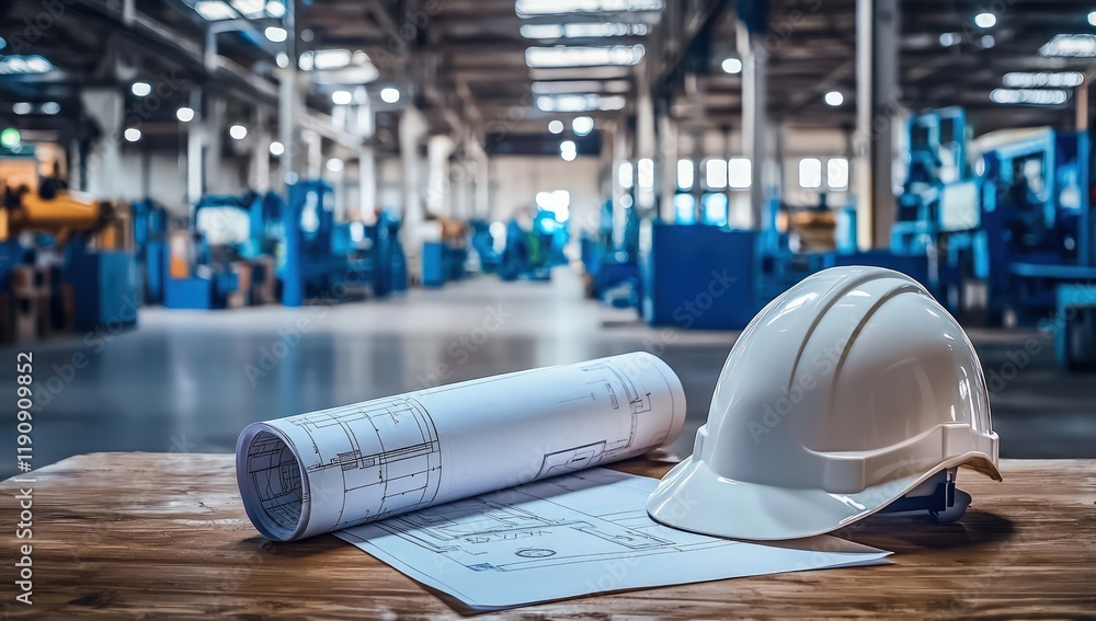 A white hard hat and rolled blueprints on a wooden table