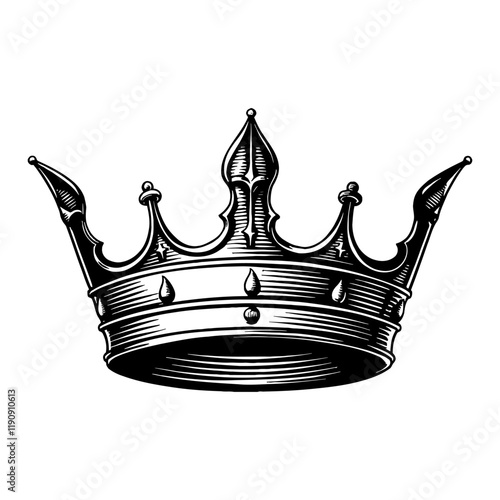 Detailed Medieval Crown With Gemstones Black and White Outline Line Art Drawing