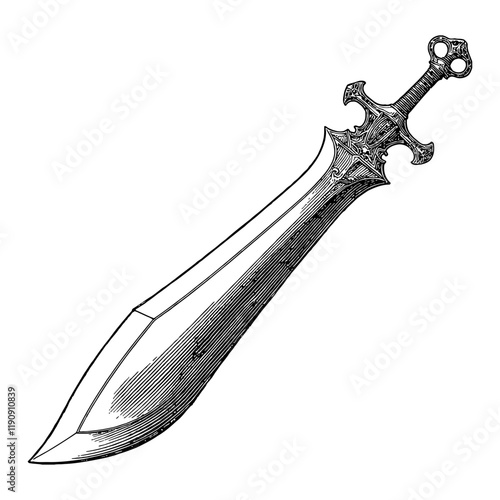 Medieval Giant Sword Black and White Outline Line Art Drawing with Intricate Engraved Detail
