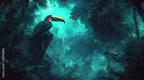 vibrant toucan in mystical jungle with dark rainforest background and teal atmospheric waterfall scenery, featuring keel-billed tropical bird, ideal for fantasy digital art wallpaper photo