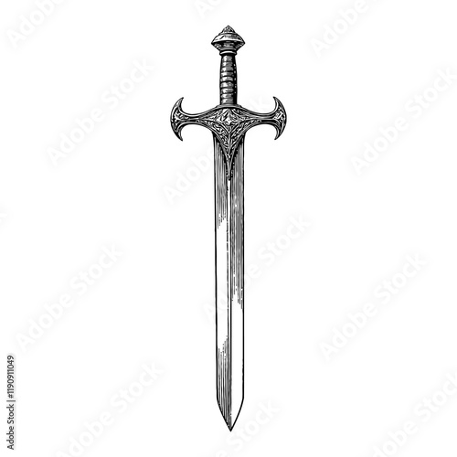 Medieval Sword with Detailed Hilt Black and White Outline Line Art Drawing isolated on white
