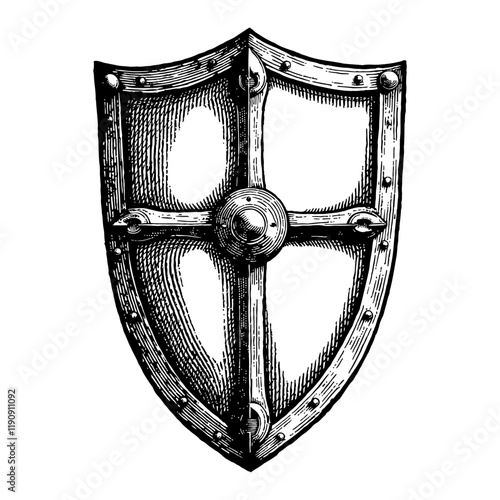 Medieval Shield with Cross Detail in Black and White Outline Line Art Drawing isolated object