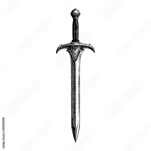 Medieval Sword Straight Detailed Black and White Outline Line Art Drawing