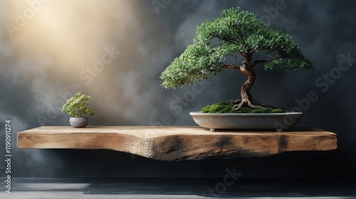 Bonsai tree and smaller plant displayed on a rustic wooden shelf with soft li...