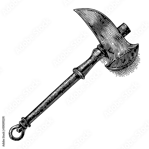 Medieval War Hammer with Detailed Handle in Black and White Outline Line Art Drawing