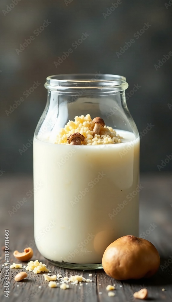 A jar of creamy milk with crunchy nuts, perfect for a wholesome breakfast or snack. A jar of creamy milk with crunchy nuts, perfect for a wholesome breakfast or snack.