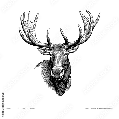 Moose Head Front Portrait with Detailed Antlers in Black and White Outline Line Art Drawing