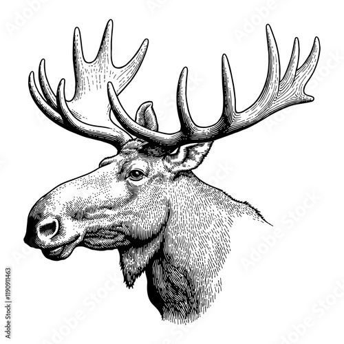 Moose Head Portrait with Detailed Engraving Black and White Outline Line Art Drawing
