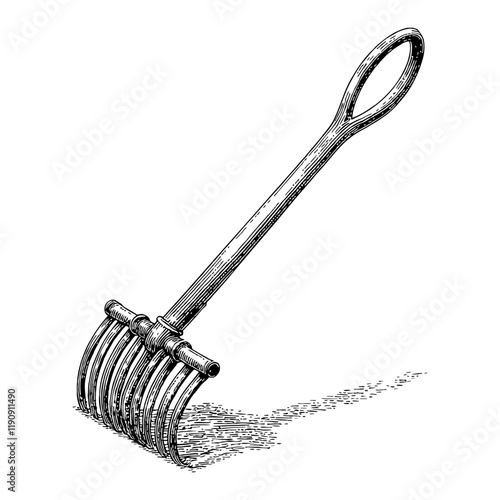 A Rake Farm Tool in Detailed Black and White Outline Line Art Drawing with Long Handle