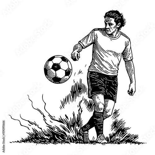 Soccer Player Dribbling Ball in Detailed Black and White Outline Line Art Drawing with Grass