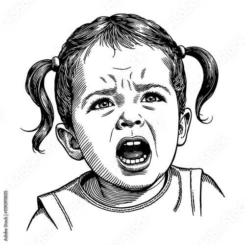 Toddler Girl in Anger Screaming with Open Mouth Black and White Outline Line Art Drawing