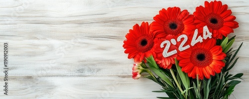 Red gerbera flowers bouquet, 2244, wood background, anniversary